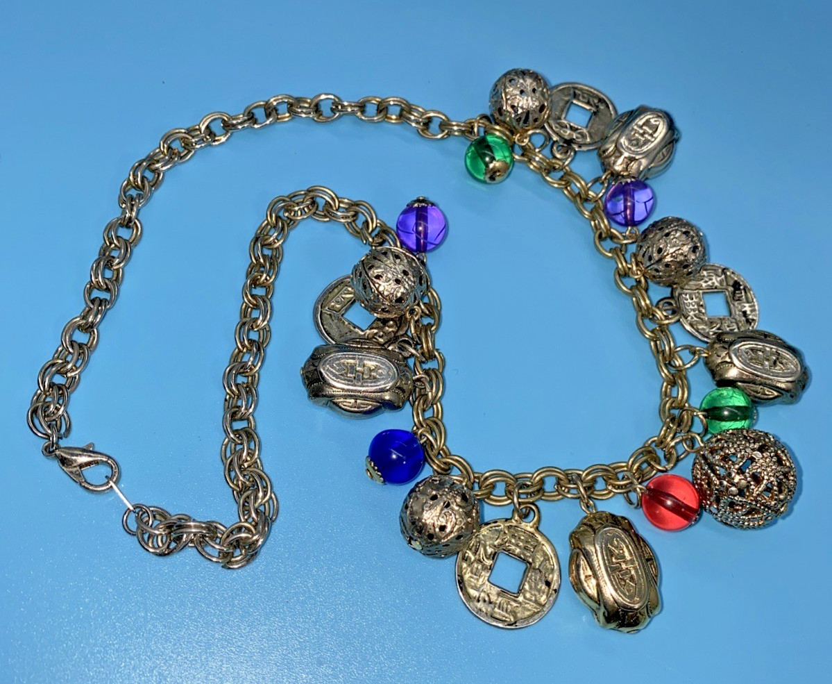 Oriental Charm Choker 20” Necklace Silver-Tone Chain Faux Coins Beads VTG
