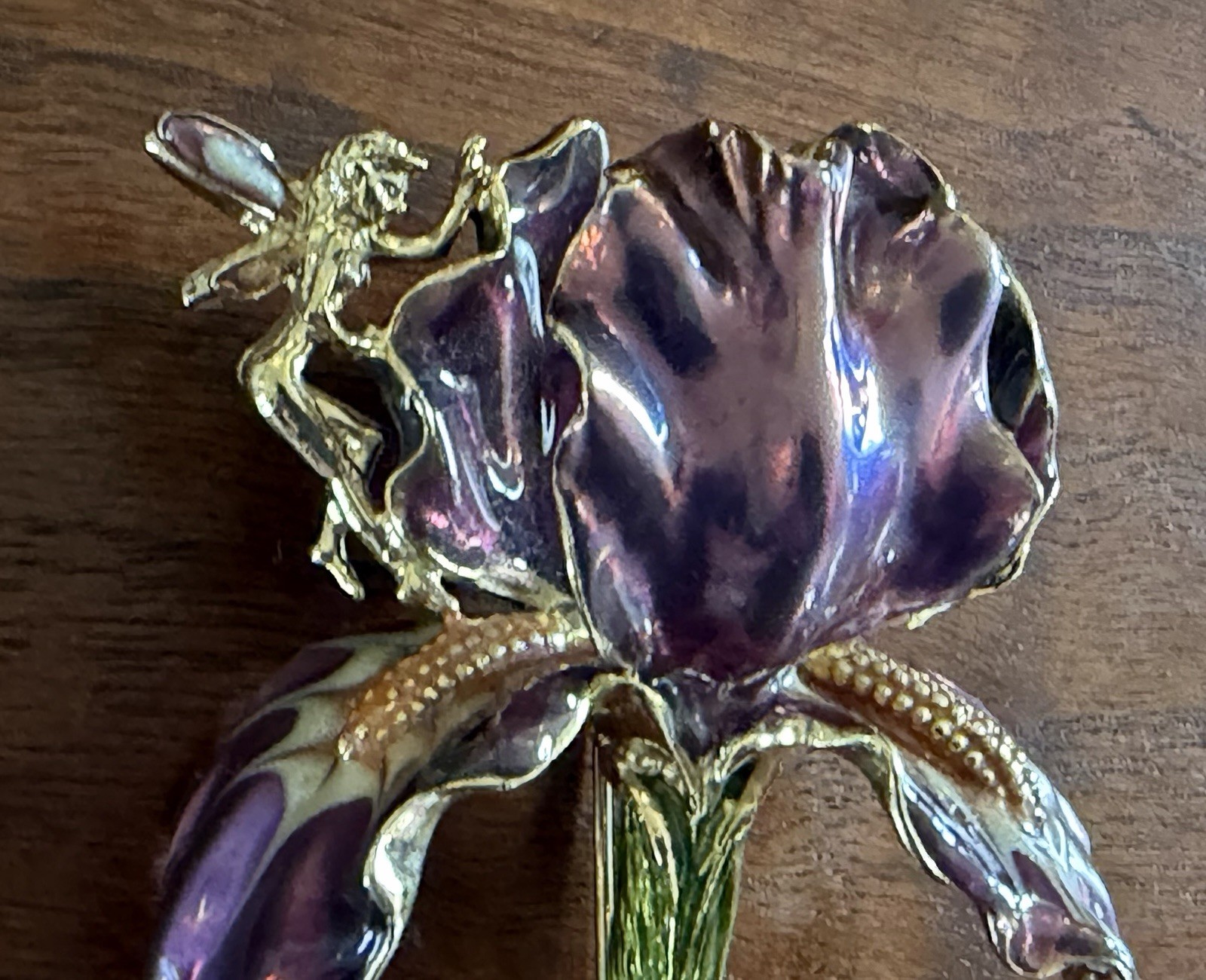 Vintage Large Kirks Folly Purple Enamel Orchid Brooch With Golden Fairy Signed