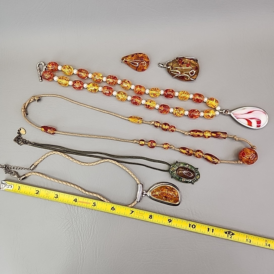 Faux Amber Necklace Lot of 6 Pendants Beads