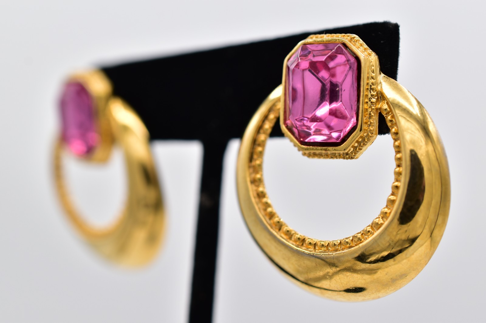 VIntage Pink Baguette Crystal Earrings Drop Dangle Gold Tone Chunky 1980s BinAI