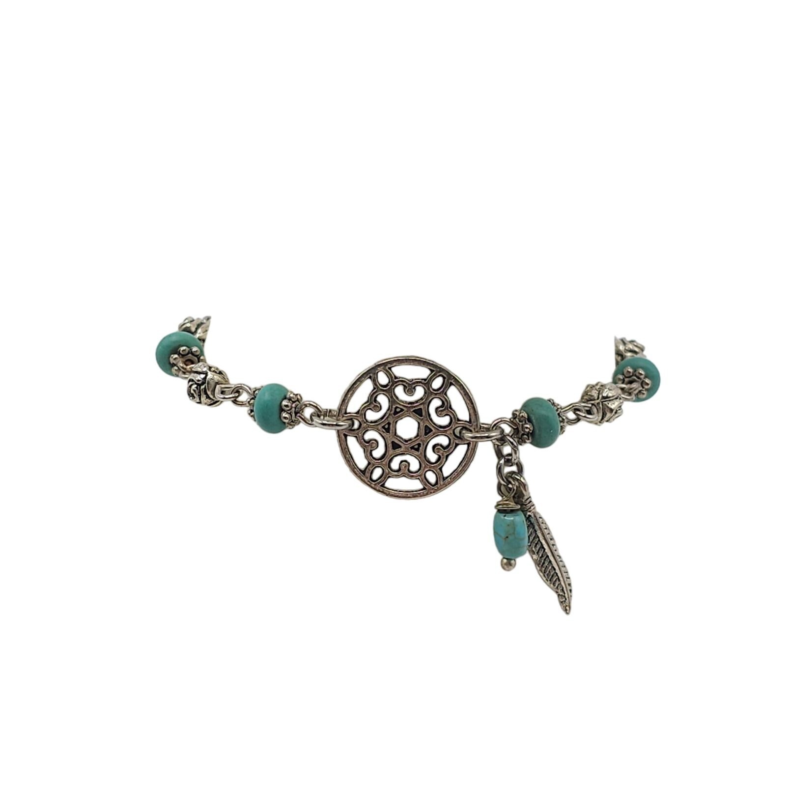 Blue Turquoise Beads Dreamcatcher Dragonfly Charm Station Link Bracelet Vintage