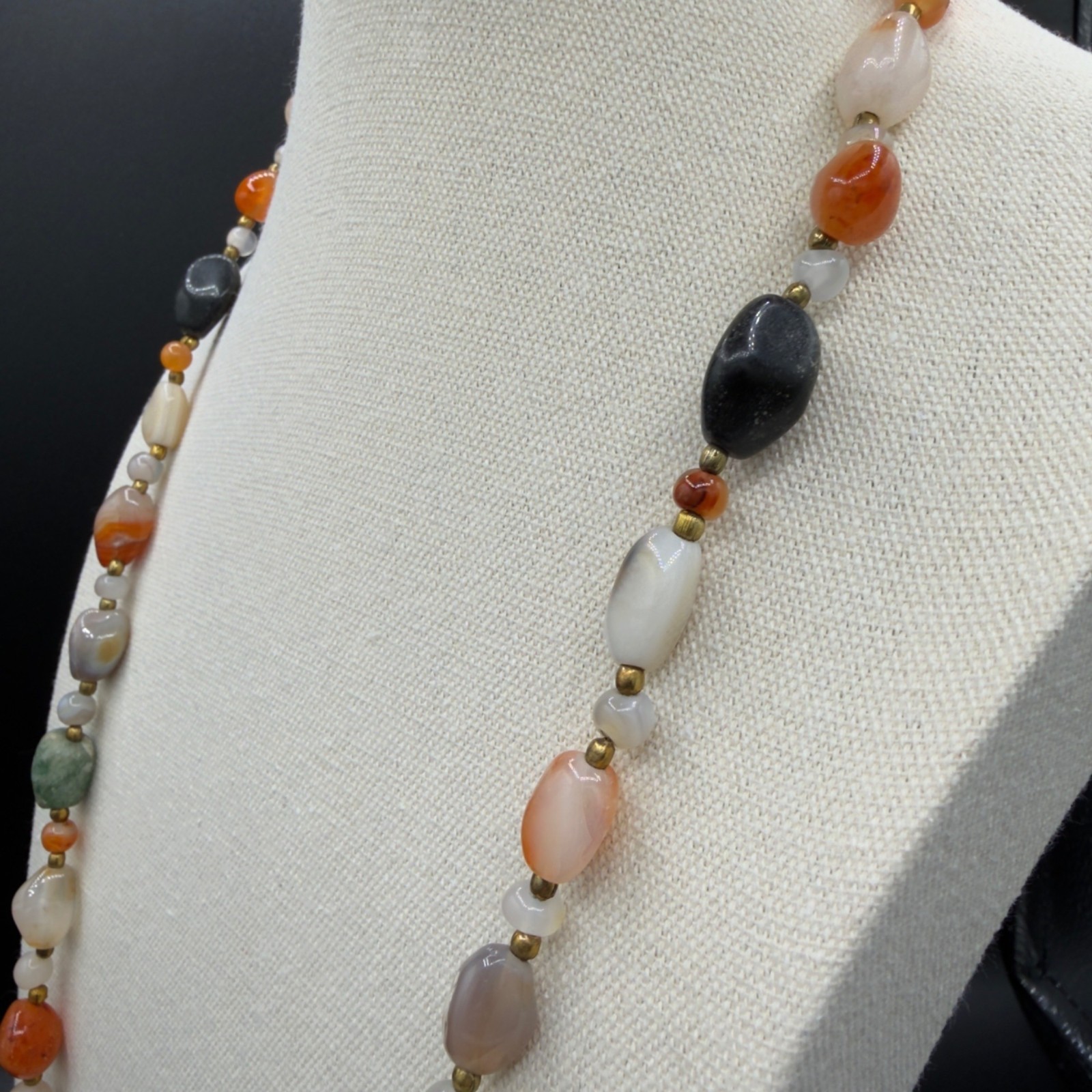 Vintage Beggars Bead Necklace Polished Stone Fall Colors Opera Length 32″