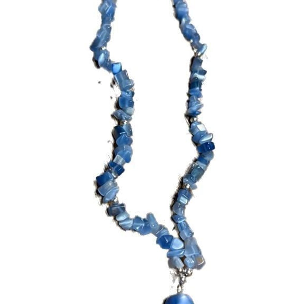 Vintage Blue Cat’s Eye Glass Chip Beaded Necklace with Matching Pendant