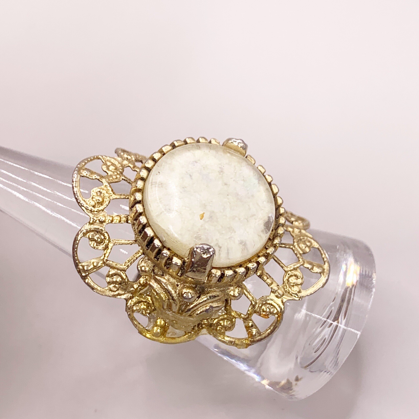 Vintage Cocktail Ring Costume Jewelry Off White Ivory Gold Color Tone Adjustable