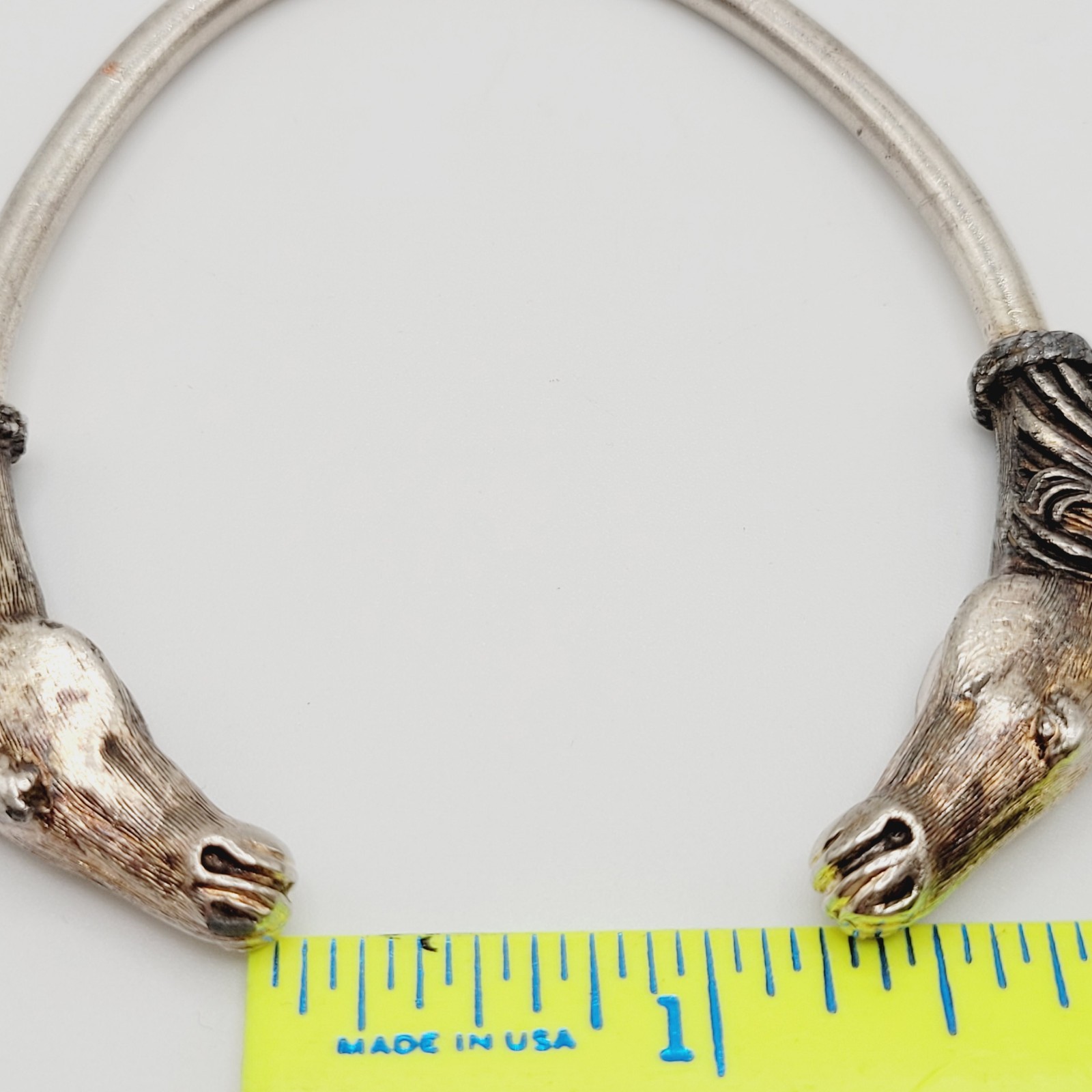 Double Horse Head Pewter Plated Copper w Patina Vintage 70s Torque Cuff Bracelet