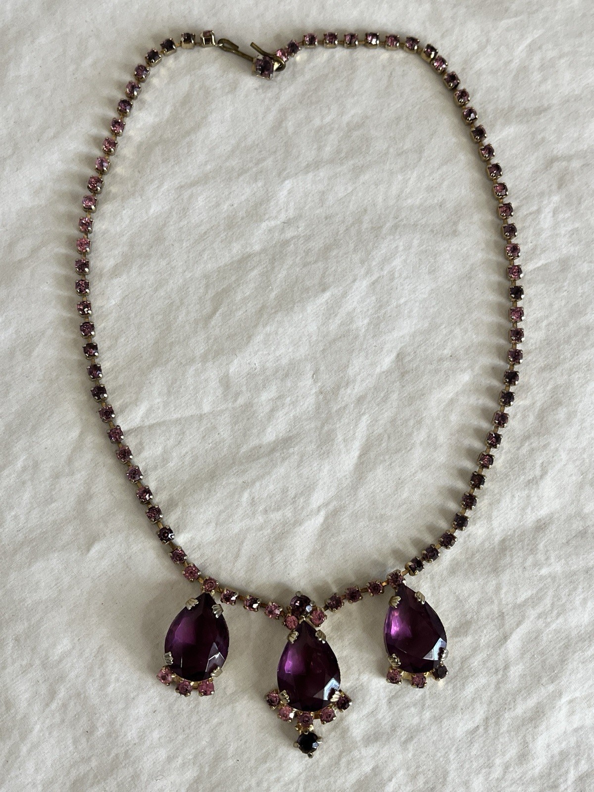 Vintage Purple Rhinestone Necklace and Earring Set Choker and Clip Ons