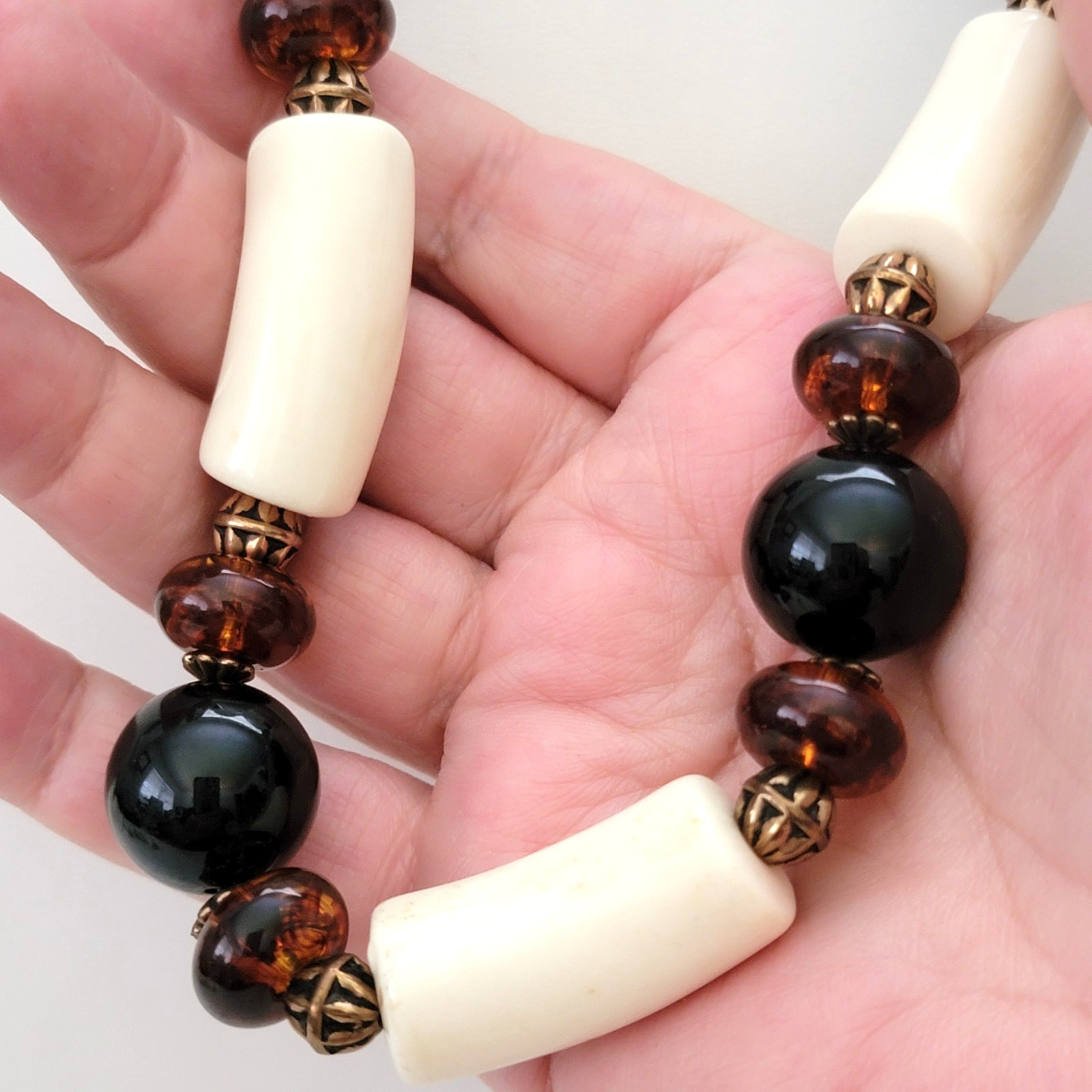 Vintage Black, Amber & Ivory Tone Lucite Resin Beaded Necklace 30″ L – 12mm