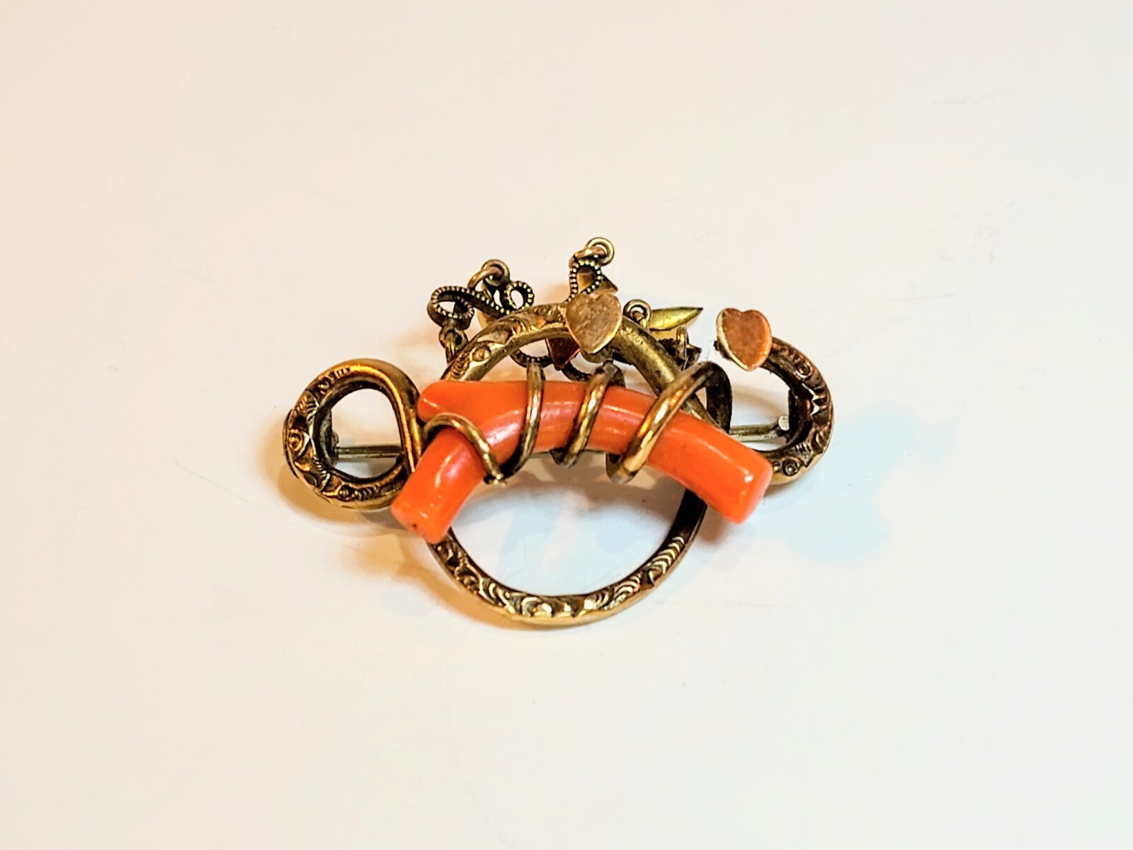 Antique 1800’s Victorian Gold Filled Red Coral Double Heart Love Knot Brooch/Pin