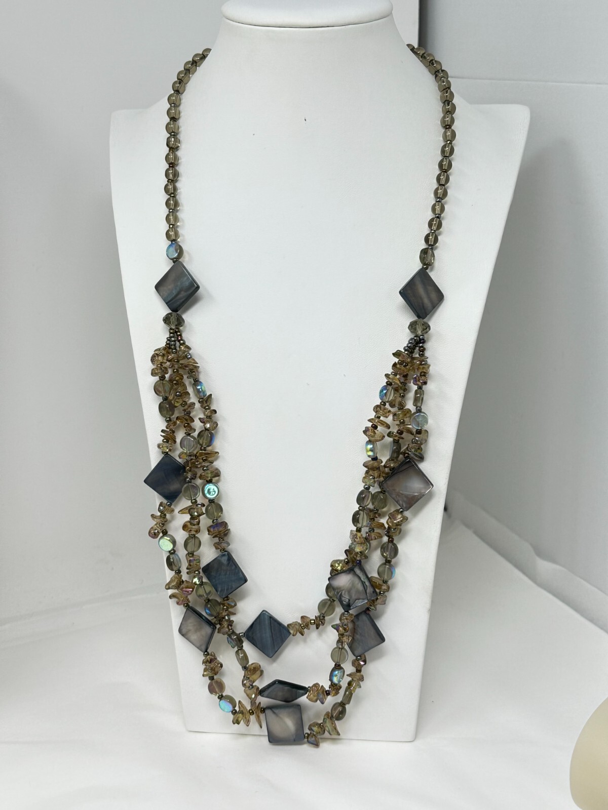 Gorgeous 3-Strand Gray Mother of Pearl and Iridescent Glass Bead 30″ Necklace