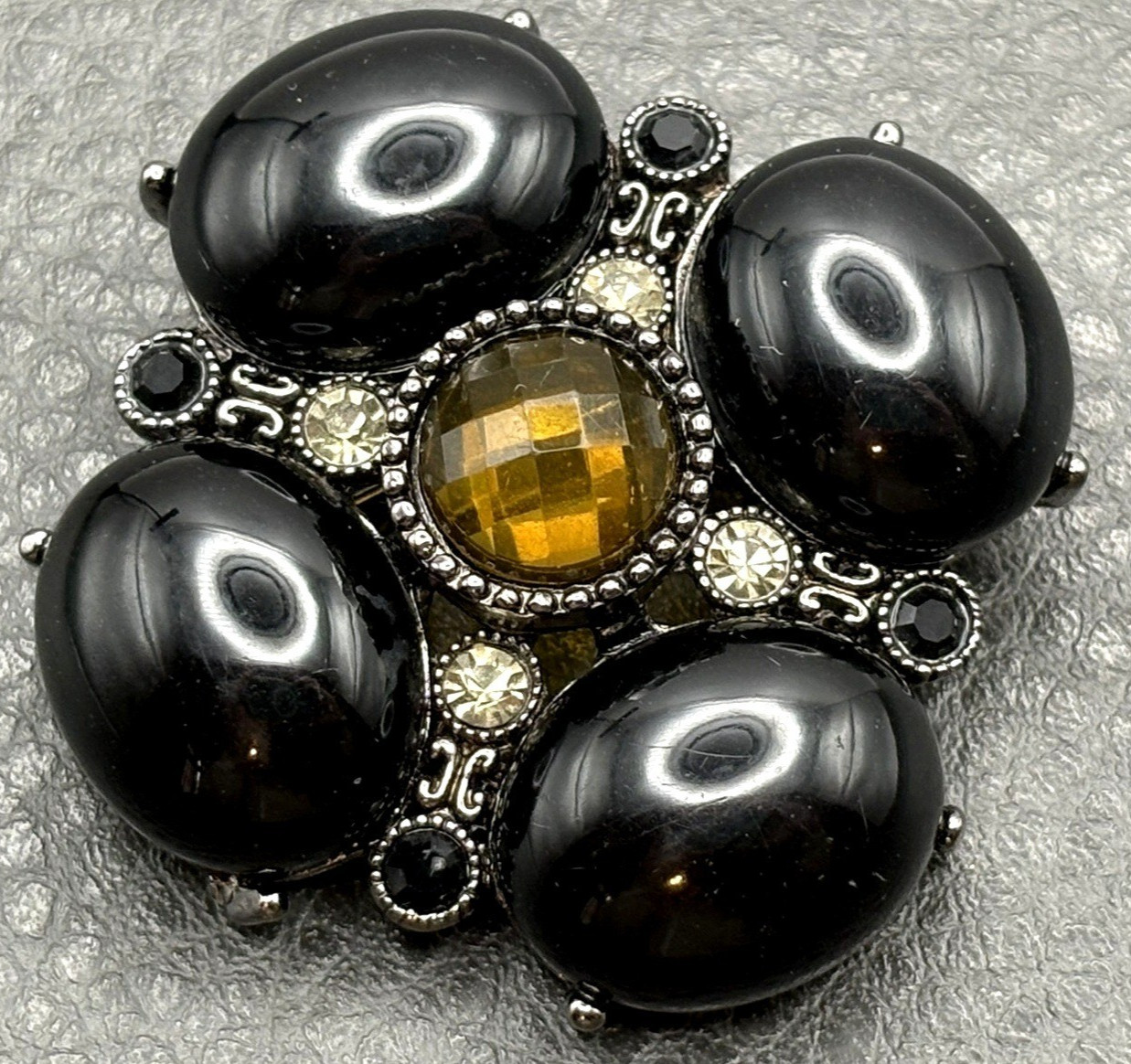 Vintage Black Faux Onyx & Faux Topaz Rhinestone Crystal Brooch Pin Pendant
