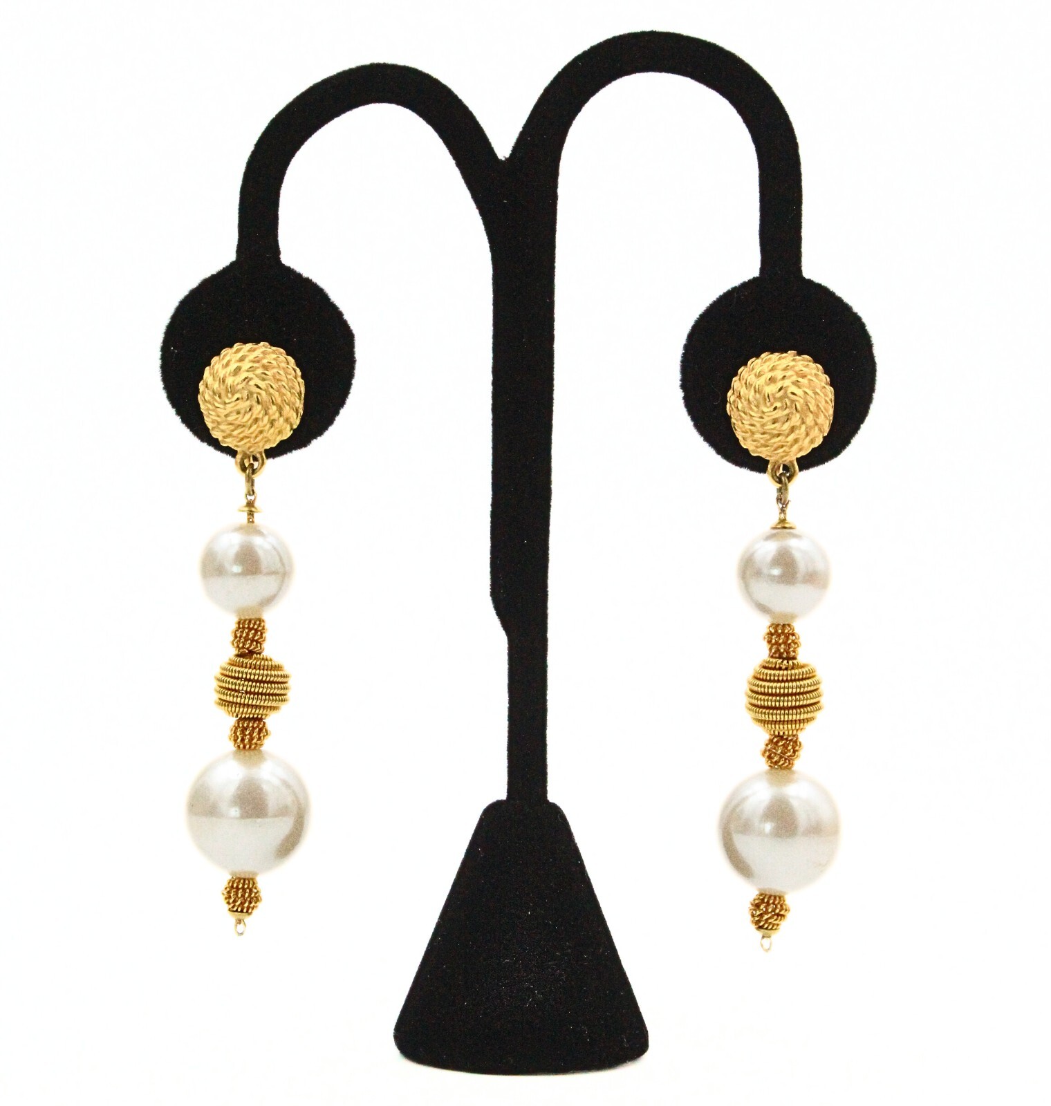 Marvelous Classic Faux Pearl Textured Gold Plate Long Dangle Drop Earrings