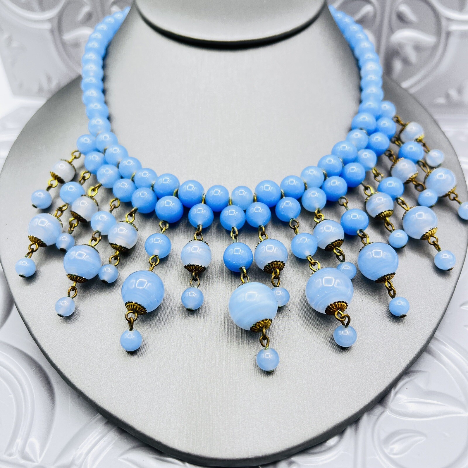 Vintage Periwinkle Blue Czech Glass Beaded Fringe Bib Necklace 16″