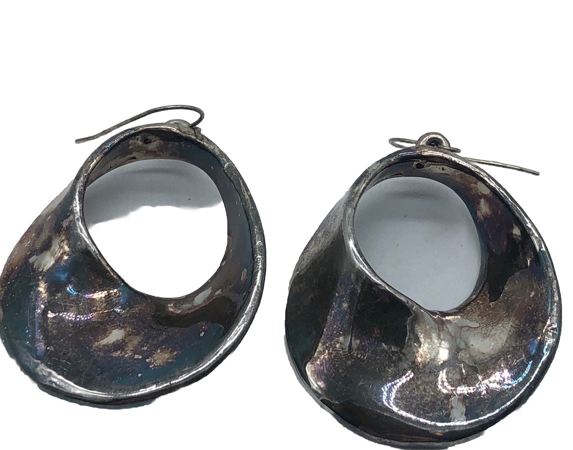 Sterling Silver VTG Modernist Electro Form Swirl Hoop Dangle 2”Earrings Israel