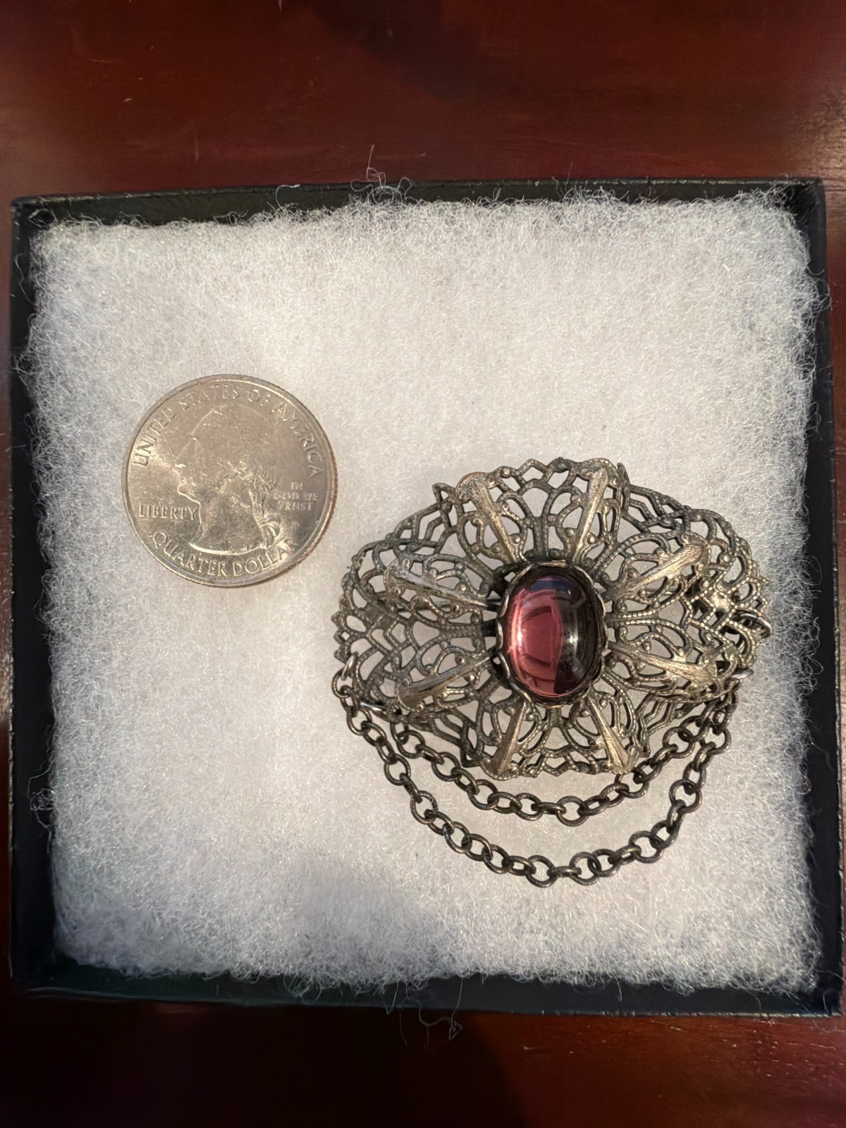 #55 – Vintage Filigree Brooch with Pink Glass Cabochon (Magnetic)