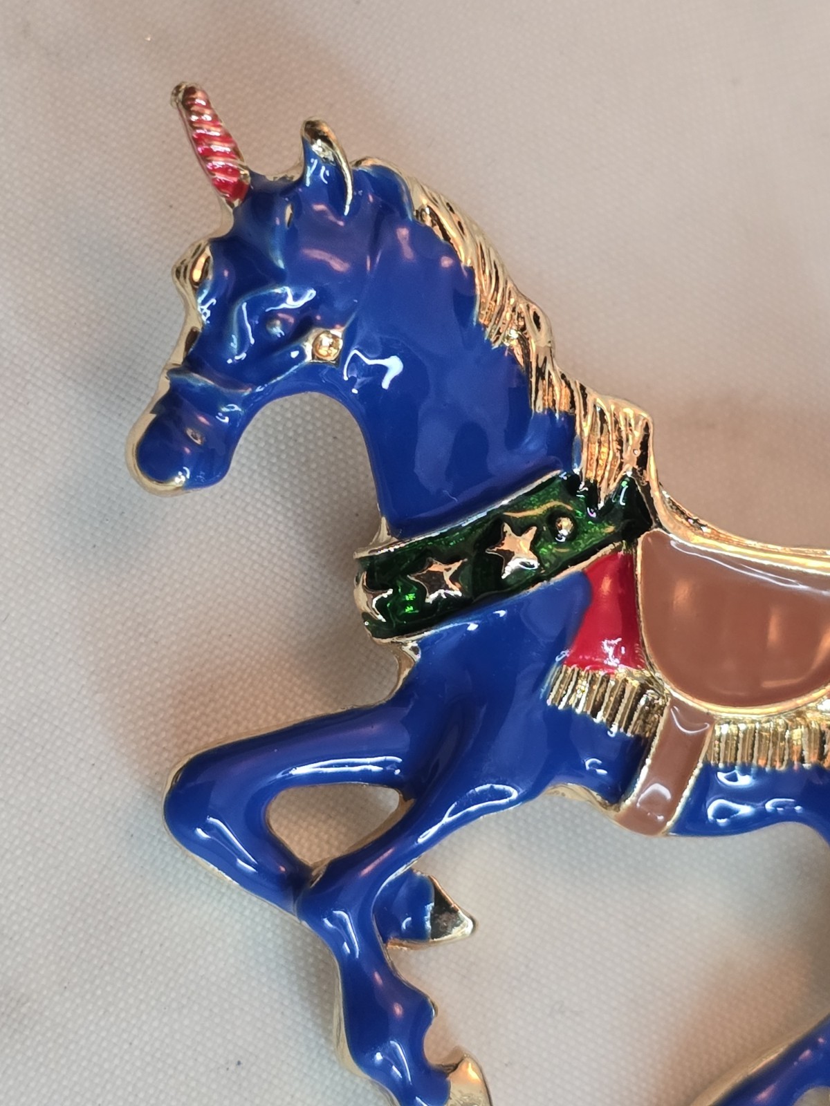 Blue Unicorn Brooch Enamel Gold Tone Rhinestone Tail Whimsical Fantasy Pin #935
