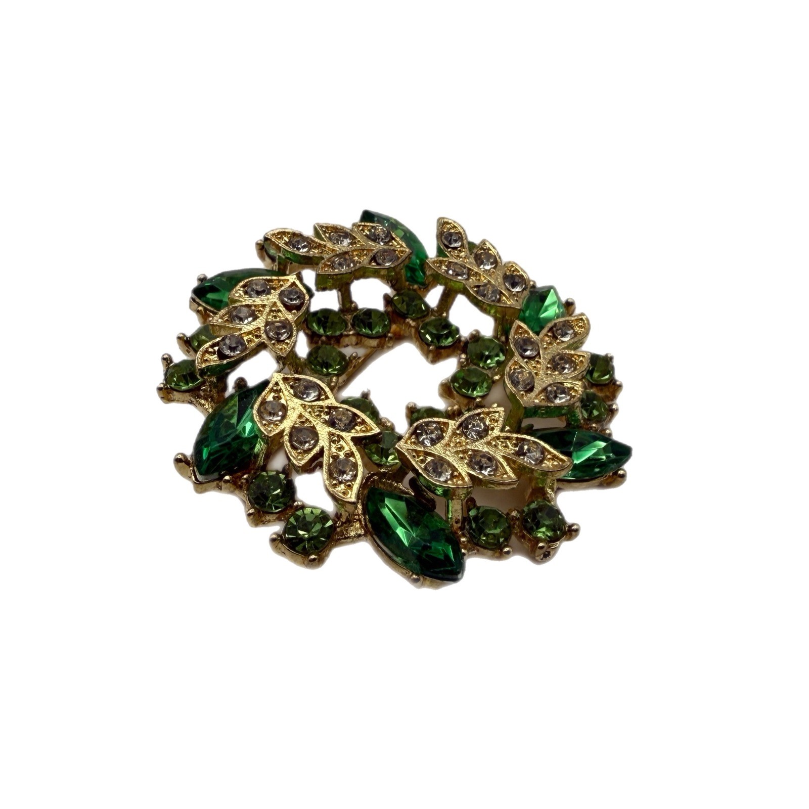 Gold Tone Green Rhinestone Wreath Brooch Pin Emerald Peridot Crystal