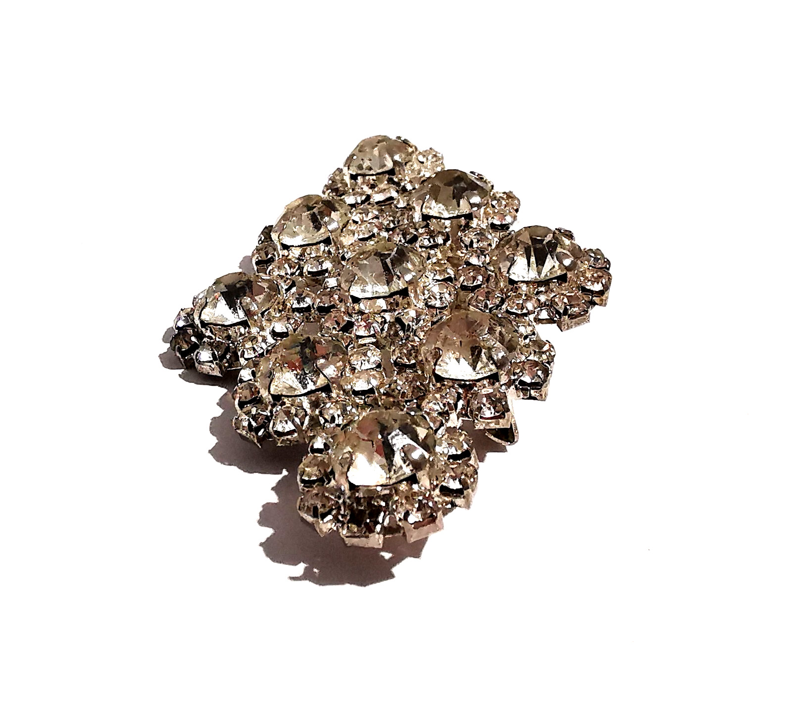Vintage Czech Brooch Handmade Rhombus Shape Clear Colorless Rhinestones Glass