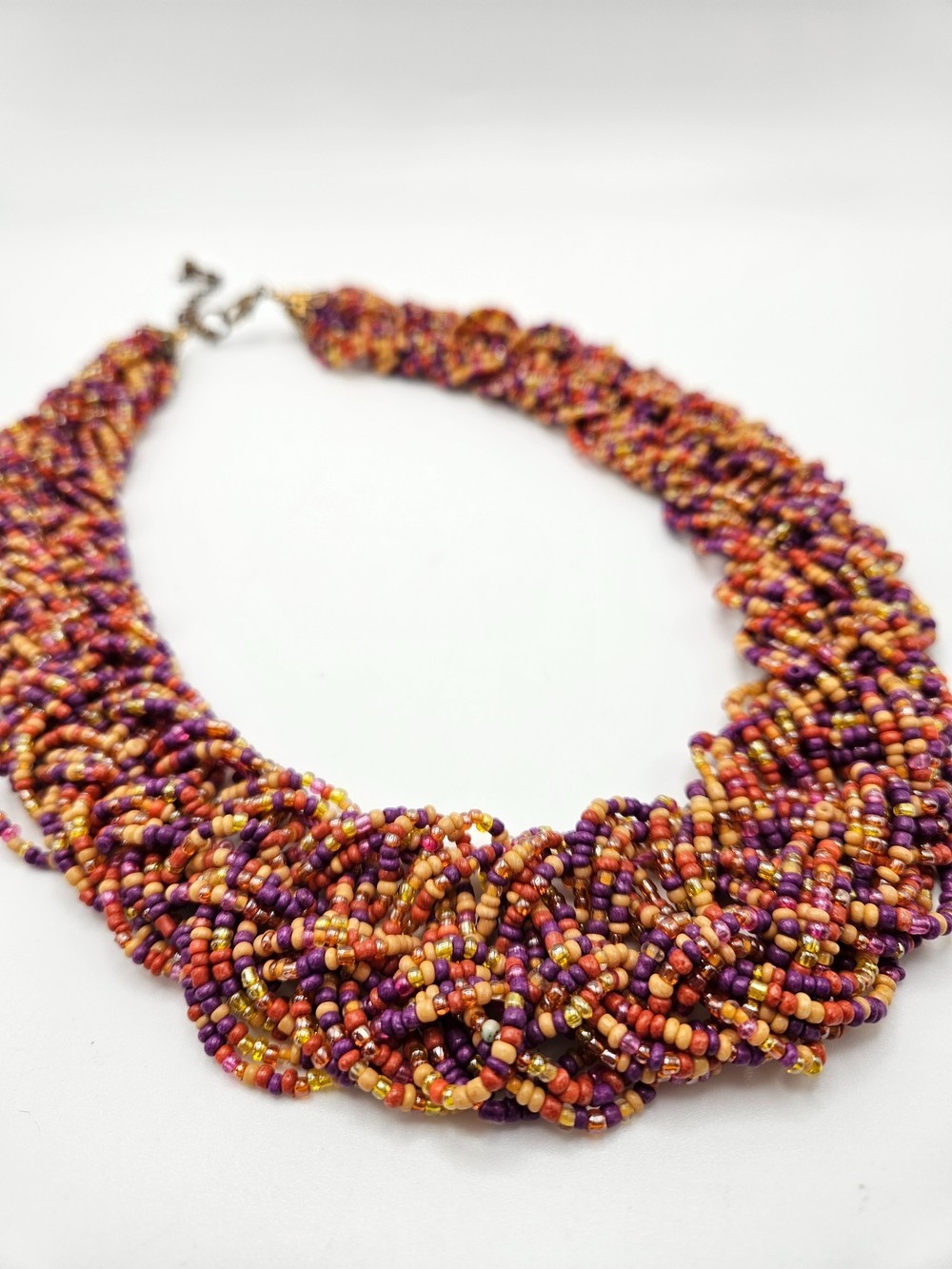 VINTAGE Multicolor Glass Seed Bead Braided Beaded Statement Necklace Boho