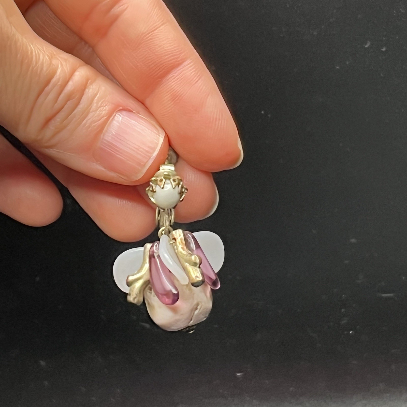 Vintage Miriam Haskell Earrings Gold Tone Dangle Drop Purple Pearl Brass Cluster