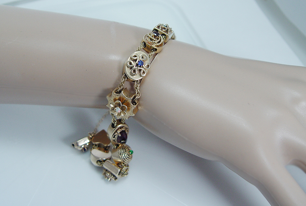 Solid 14K Gold Charm Slide Bracelet Diamond Emerald Ruby Sapphire Opal 30.4gr