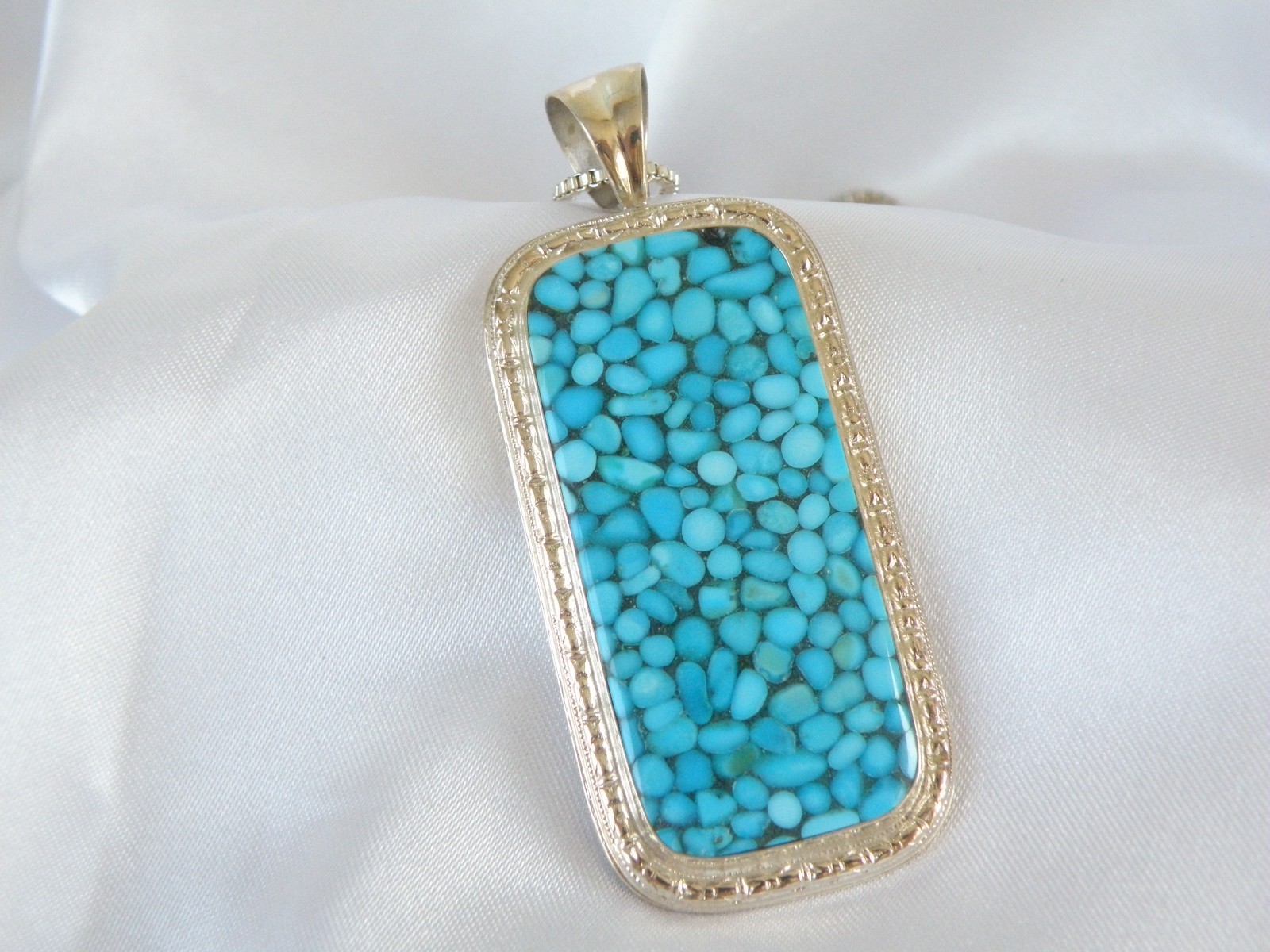 Huge Sterling Silver 925 Large Mosaic Turquoise Statement Pendant Necklace