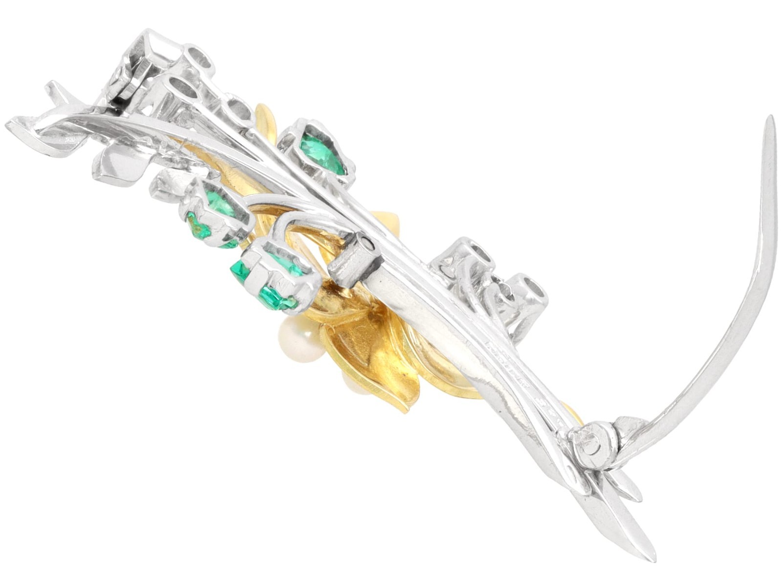 0.78Ct Emerald 0.55Ct Diamond and Pearl 18k Yellow Gold and Platinum Brooch