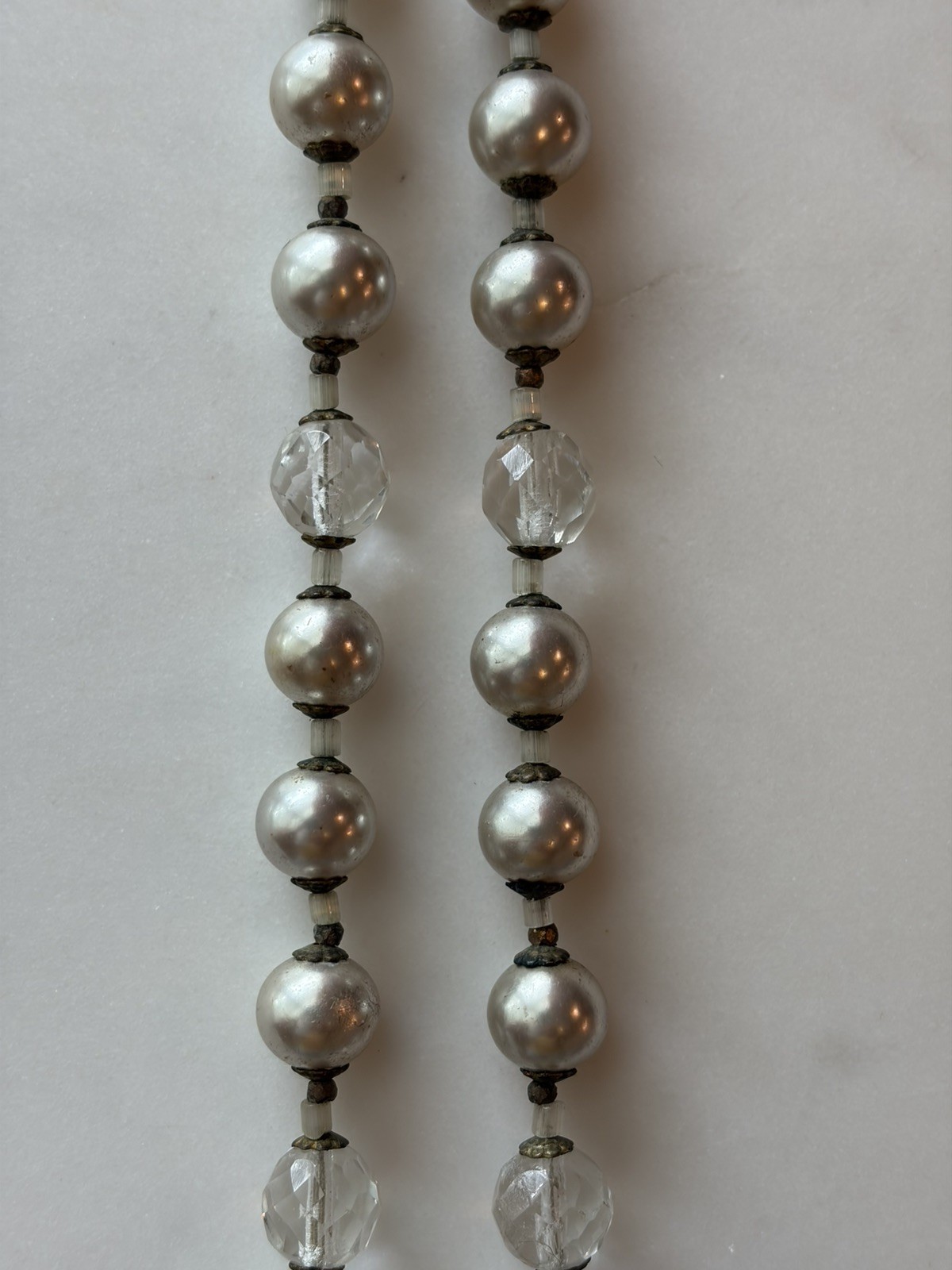Vintage Miriam Haskell 22″ Grey Pearl & Faceted Crystal Necklace Flower Clasp