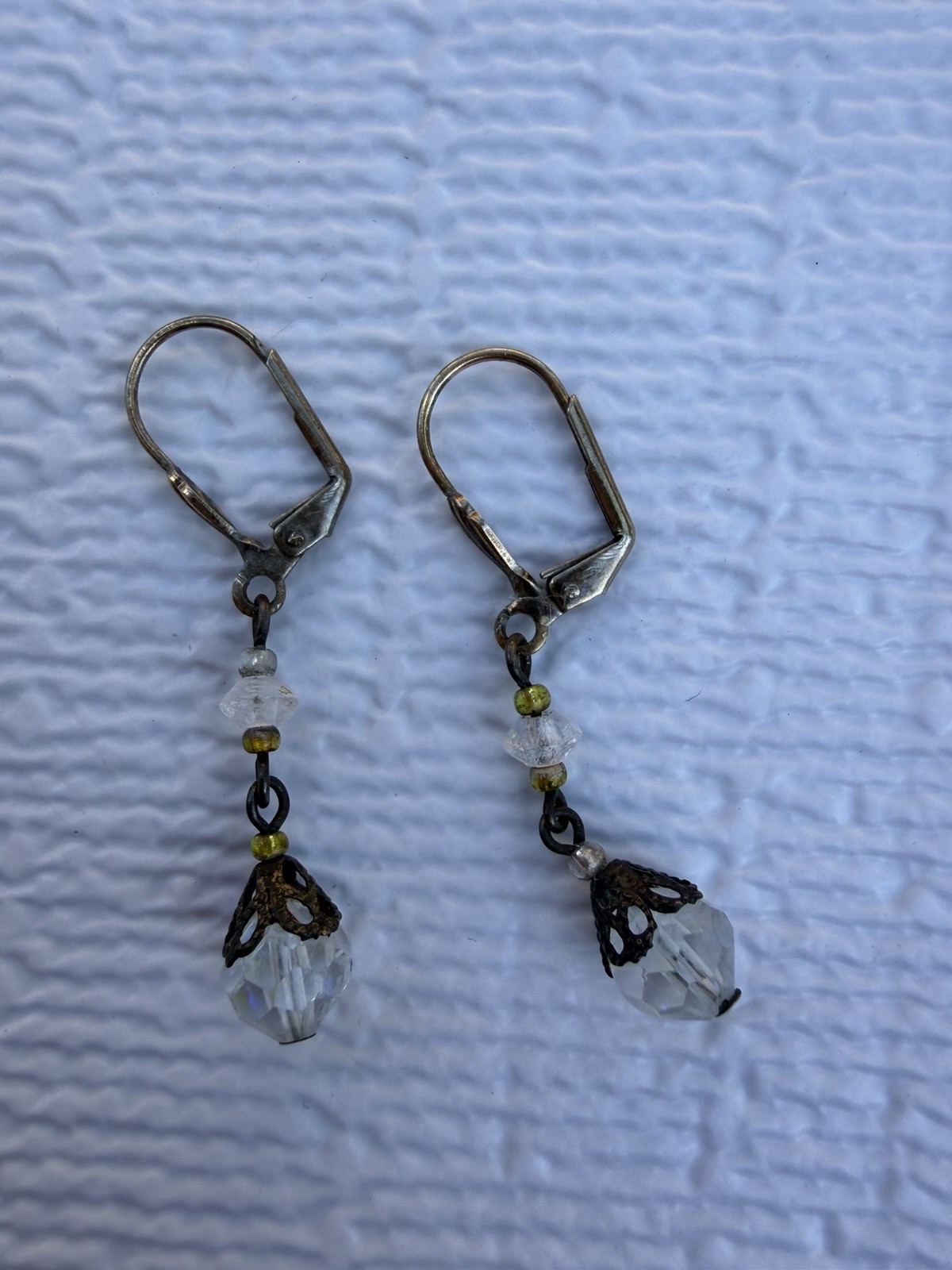 Vintage Aurora Borealis Crystal Bead Drop Earrings Leverback Faceted Dangle Pair