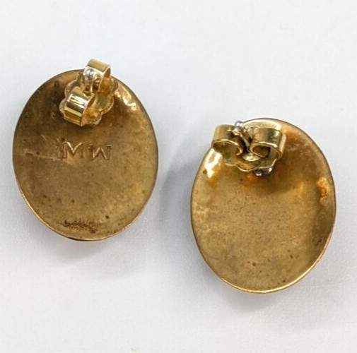 MW Signed Pink Stone Cabochon Brass Sterling Southwestern Pierced Earrings 3/4″