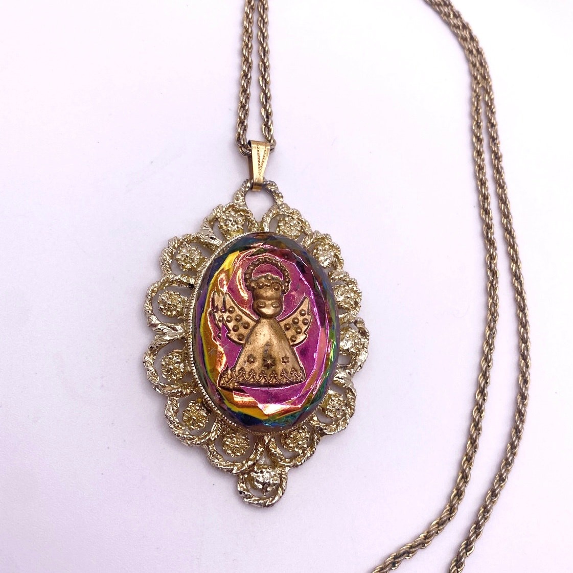 Vintage Glass Angel Intaglio Cameo Chrome Pendant 2″ and Necklace 22” long