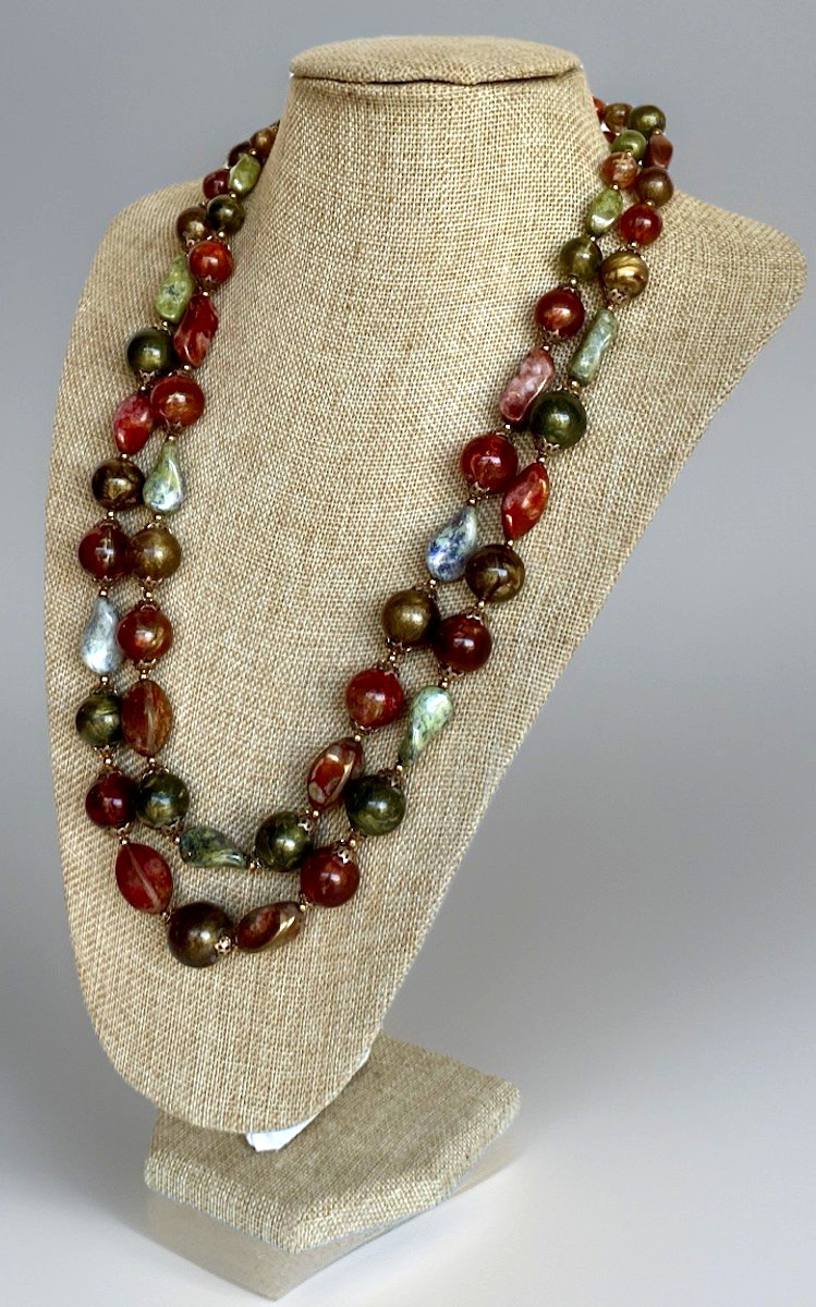 Vintage Crown Trifari Double Strand Necklace, Fall Colors, 24″ Long