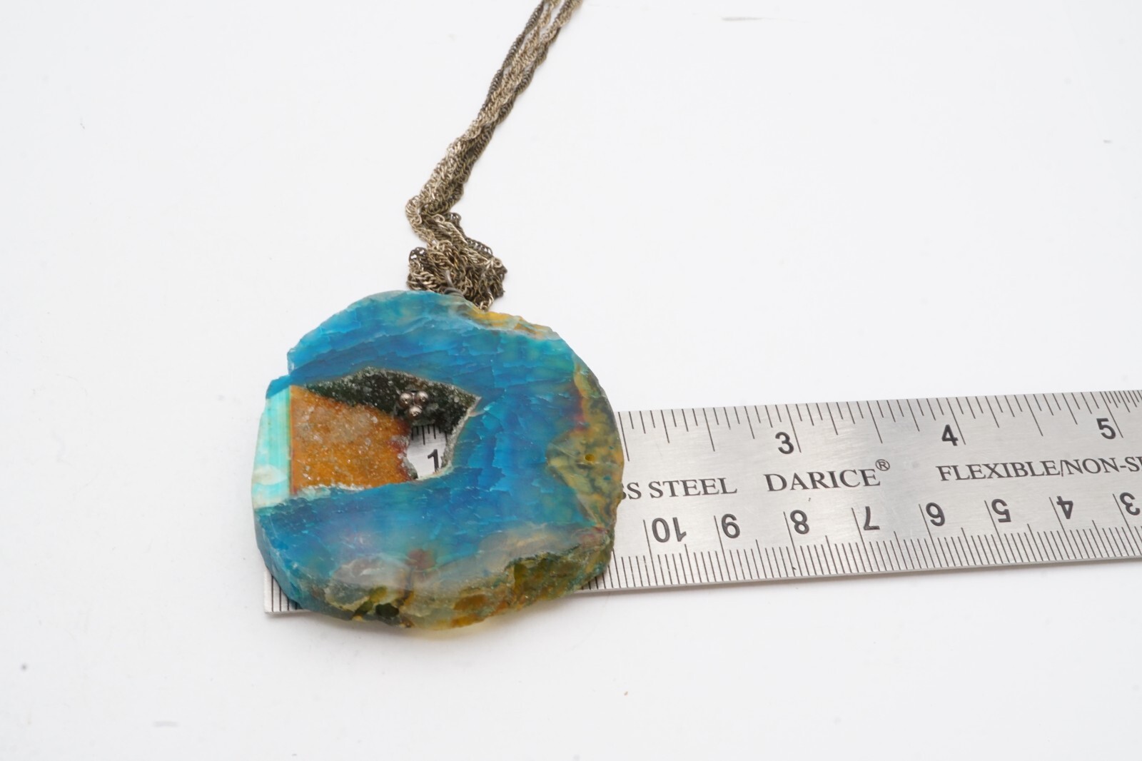 Vintage Necklace Silver Tone Blue Agate Geode 19″
