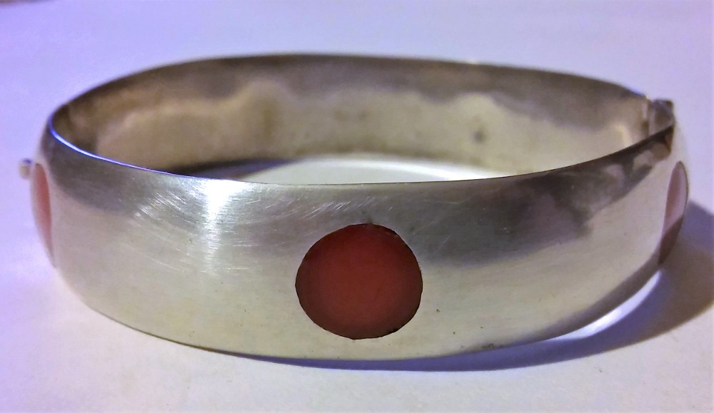 Vintage Mexican Silver Bracelet Taxco Red Polka Dot Bangle Frida Style Era Antiq