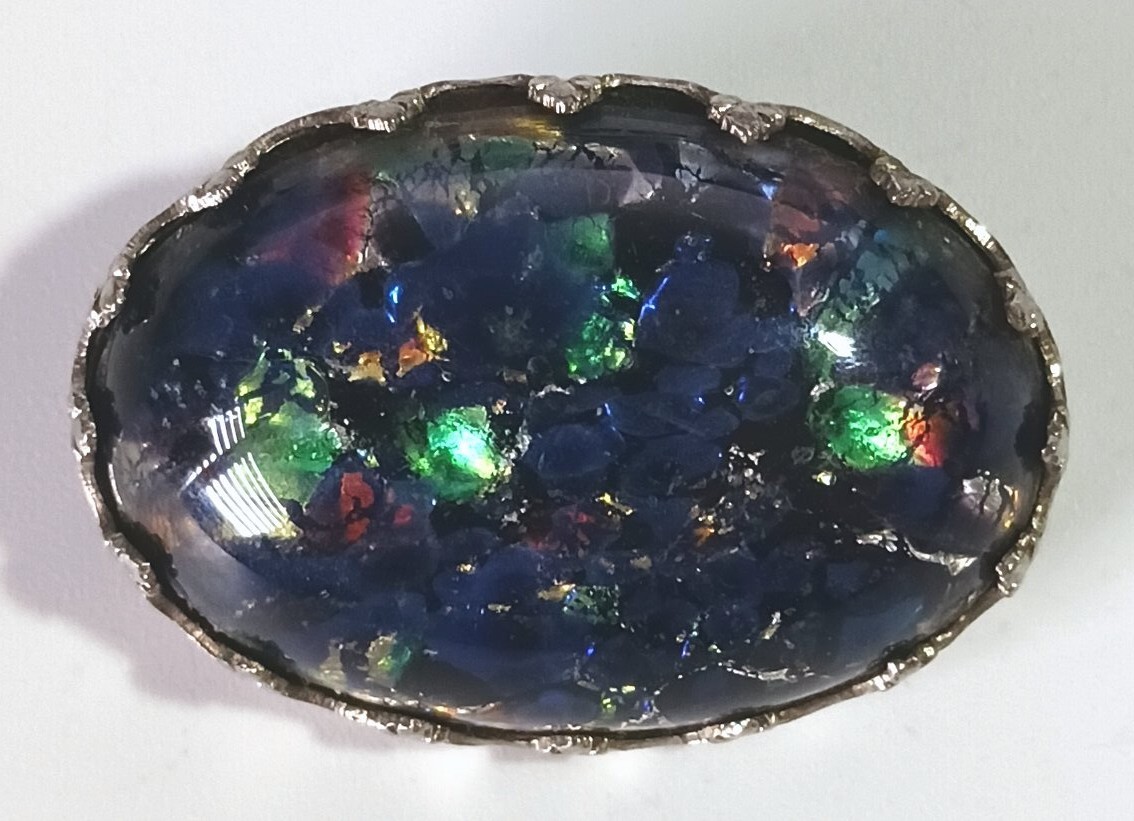 Vtg (Antique?) Silver-tone Brooch w/ Dark Blue & Multicolor Foiled Art Glass