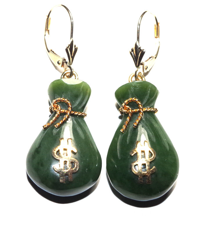 14K Exquisite Carved Jade bag of money Lucky Stone Lever back Earrings