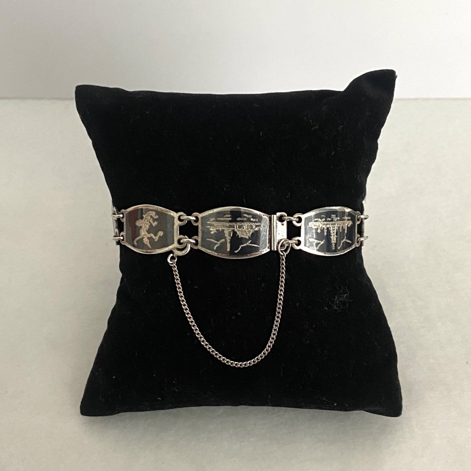 Signed SIAM Thai Sterling Silver 925 Black Niello Garuda Panel Bracelet 6.75″