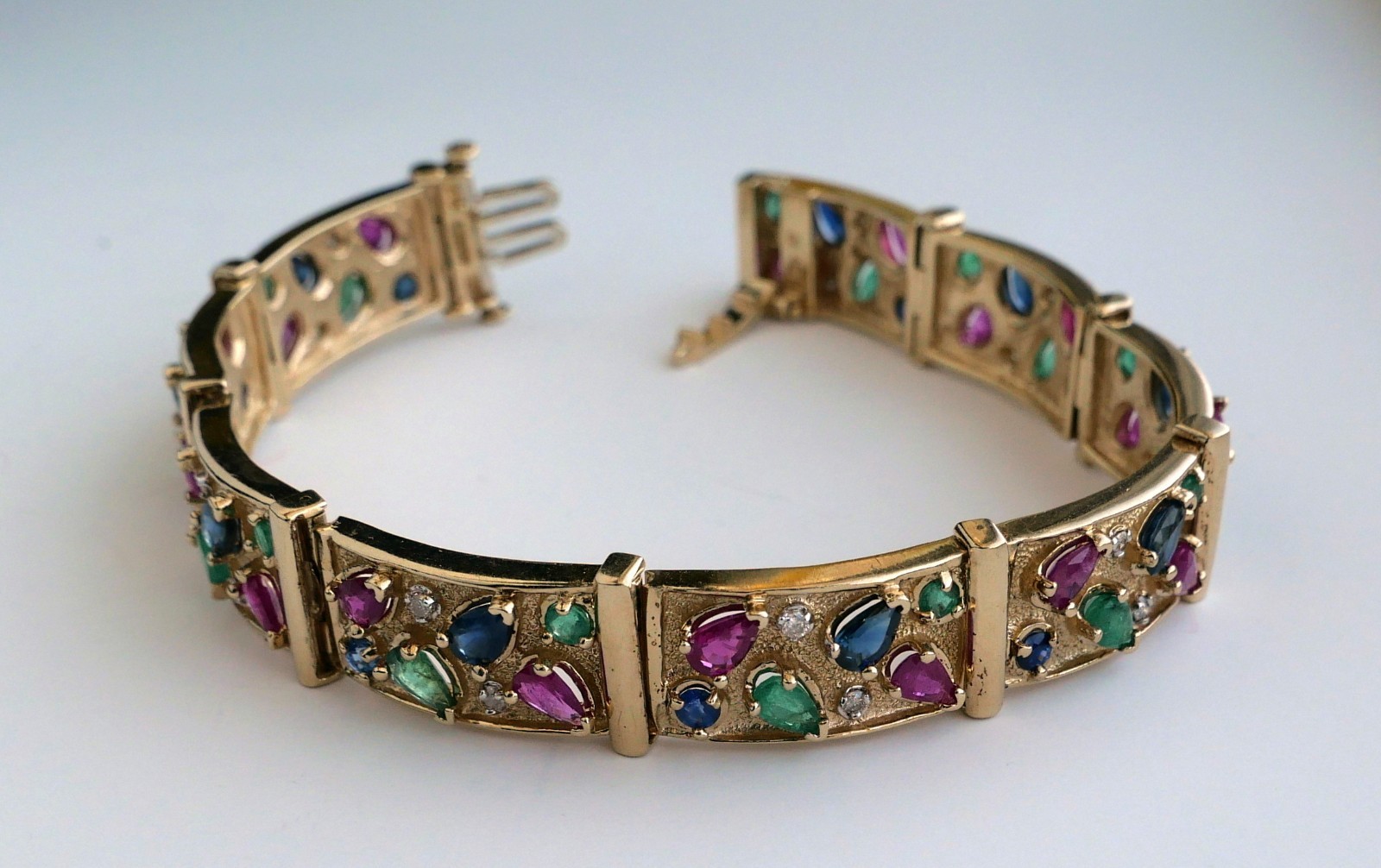 Vintage 14K Yellow Gold Ruby Emerald Sapphire Diamond Link Bracelet 7.25”