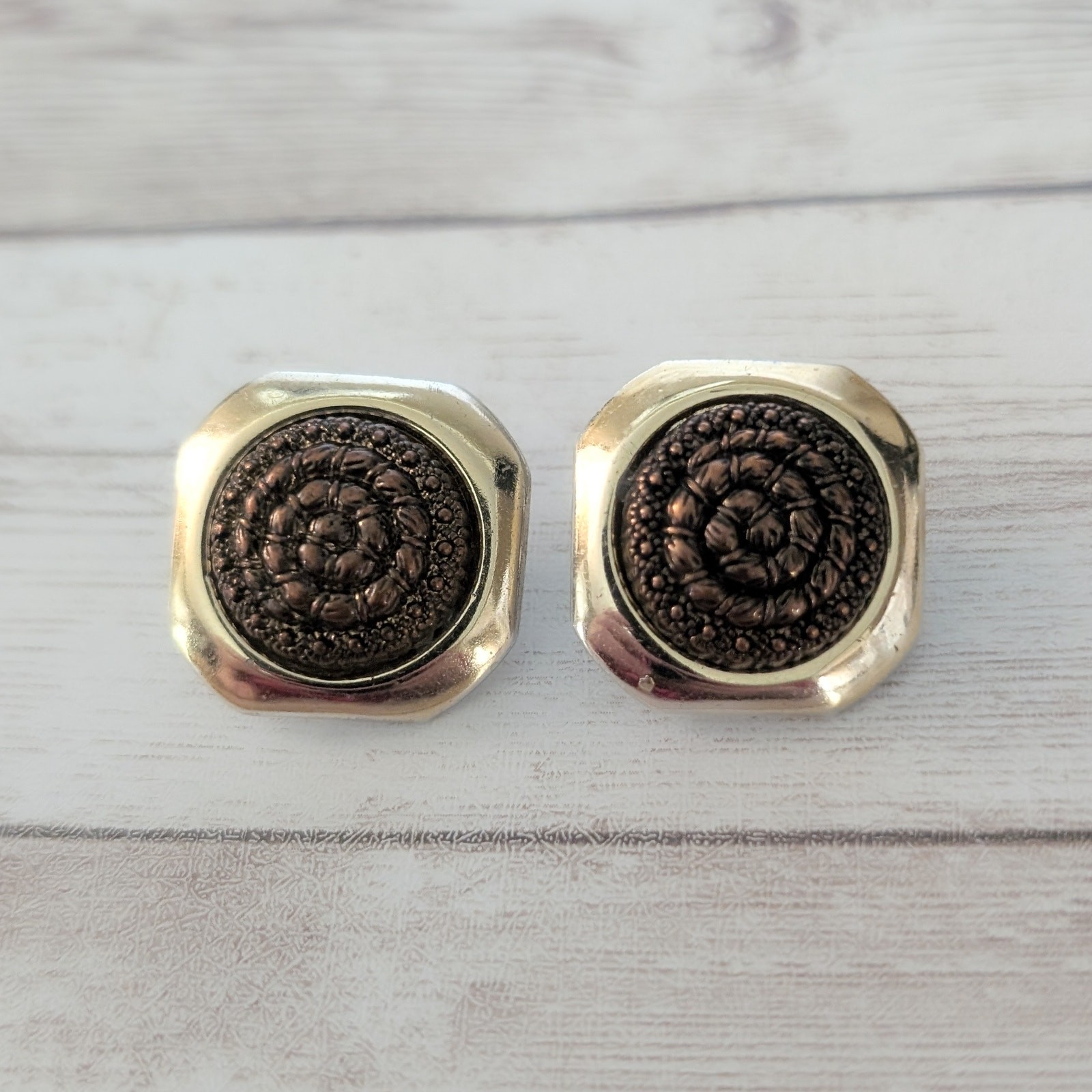 Vintage Clip On Earrings Brown Spiral Center with Gold Tone Unusual Halo