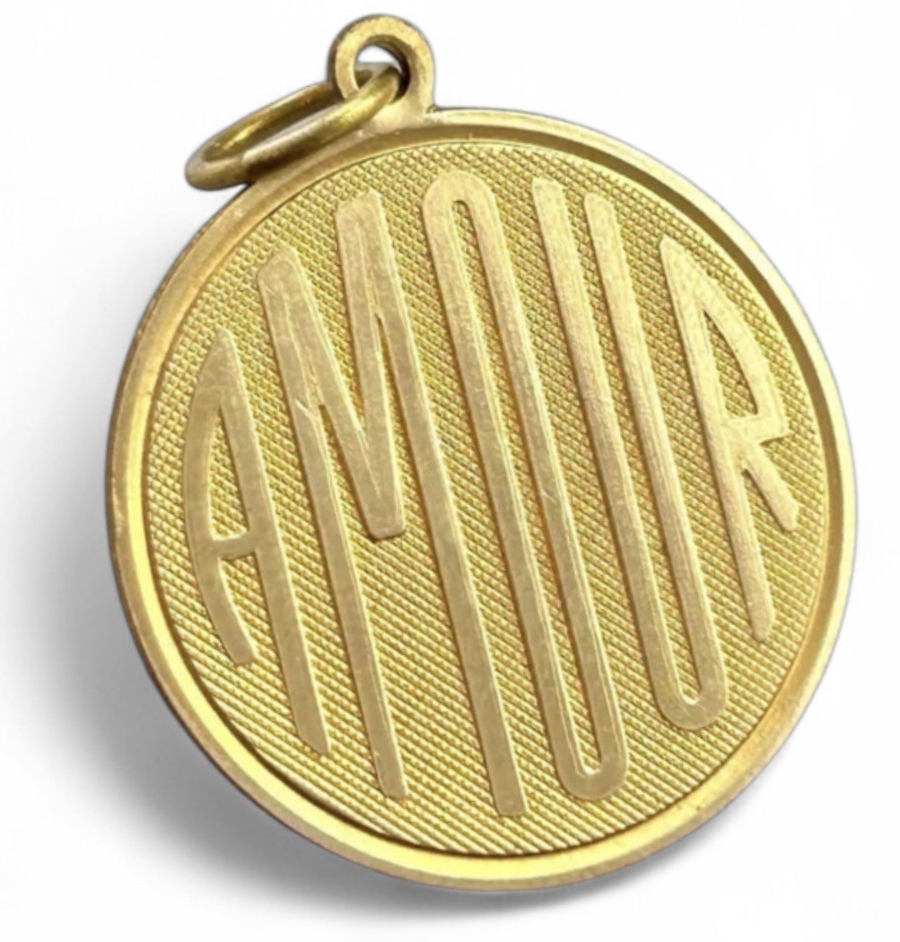 Vintage French Love Charm Amour Medallion Pendant Brass Metal Jewelry Gift