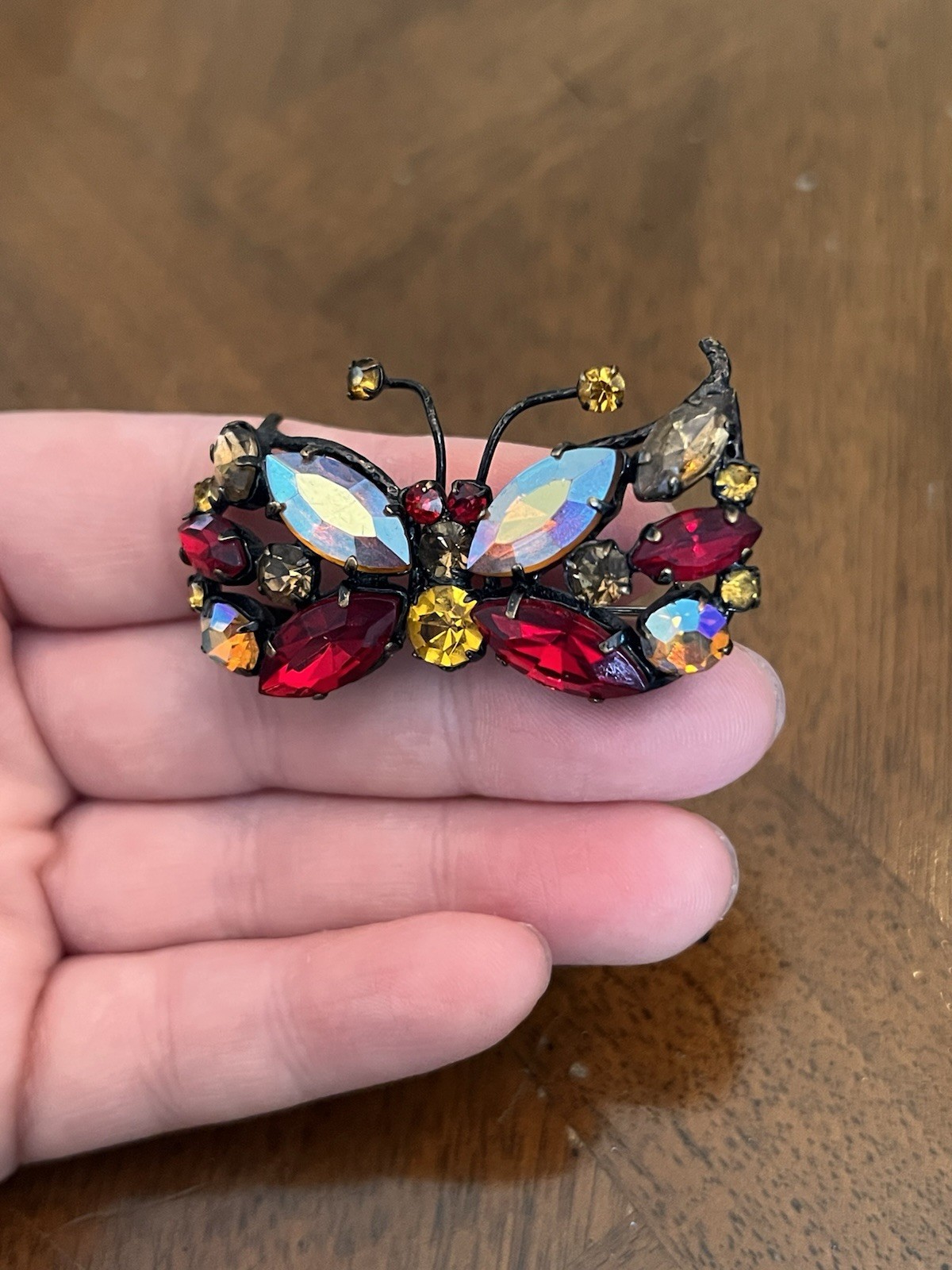 Vintage Mid-Century Red & Yellow & AB Rhinestone Butterfly Brooch Japanned Metal