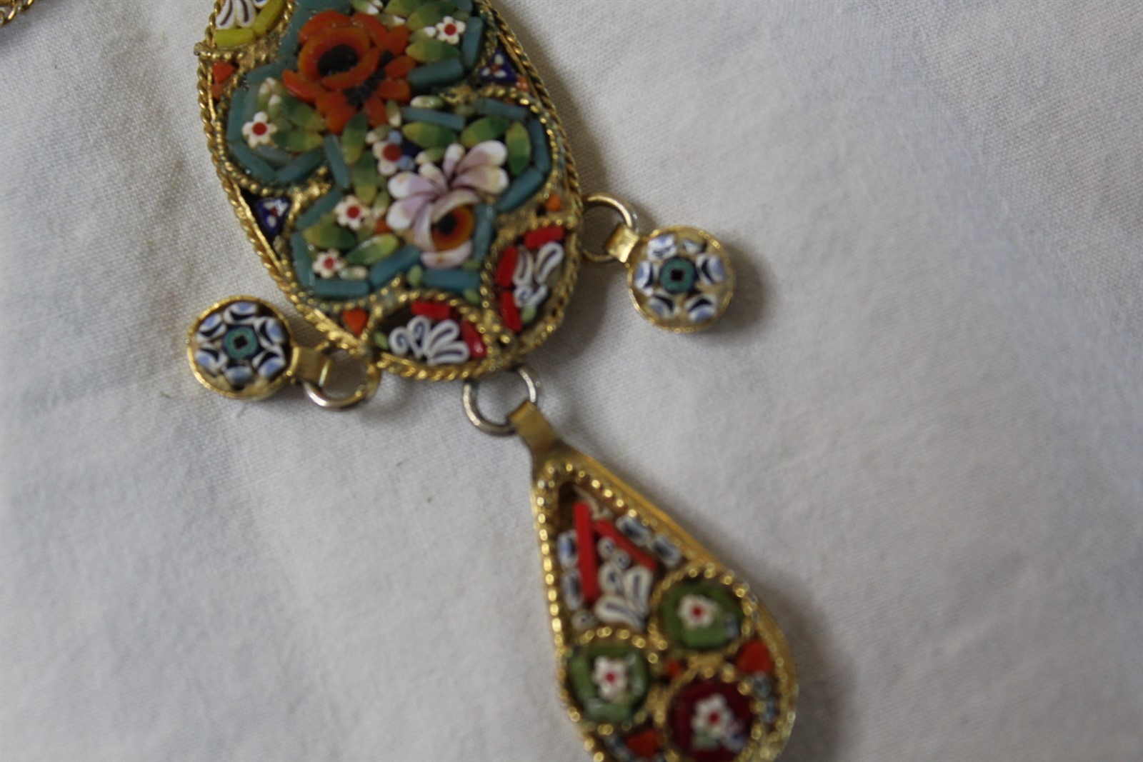 Pendant Necklace Stamped Italy Intricate Multi-Color Stone Shell Inlay Vintage