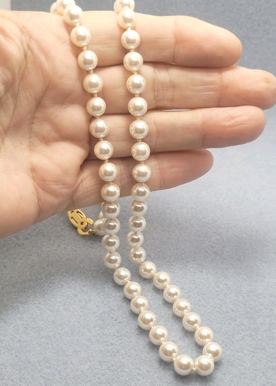Vintage Pearl Imitation Necklace Silver Clasps, 24in.