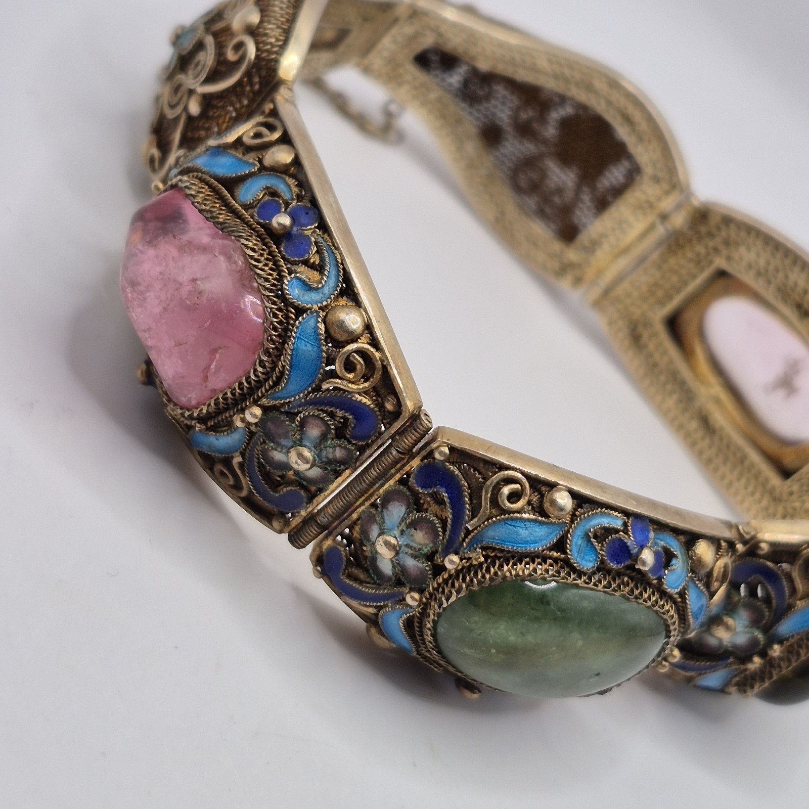 Vintage Silver W/ Gold Wash Chinese Export Tourmaline Enamel Filigree Bracelet
