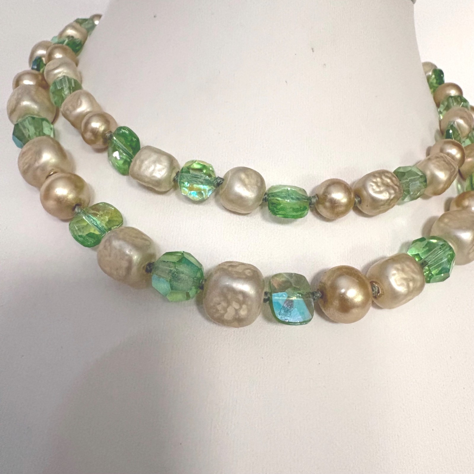 Vintage Double-Strand Necklace with Green and Faux Pearl Beads Hook Clasp