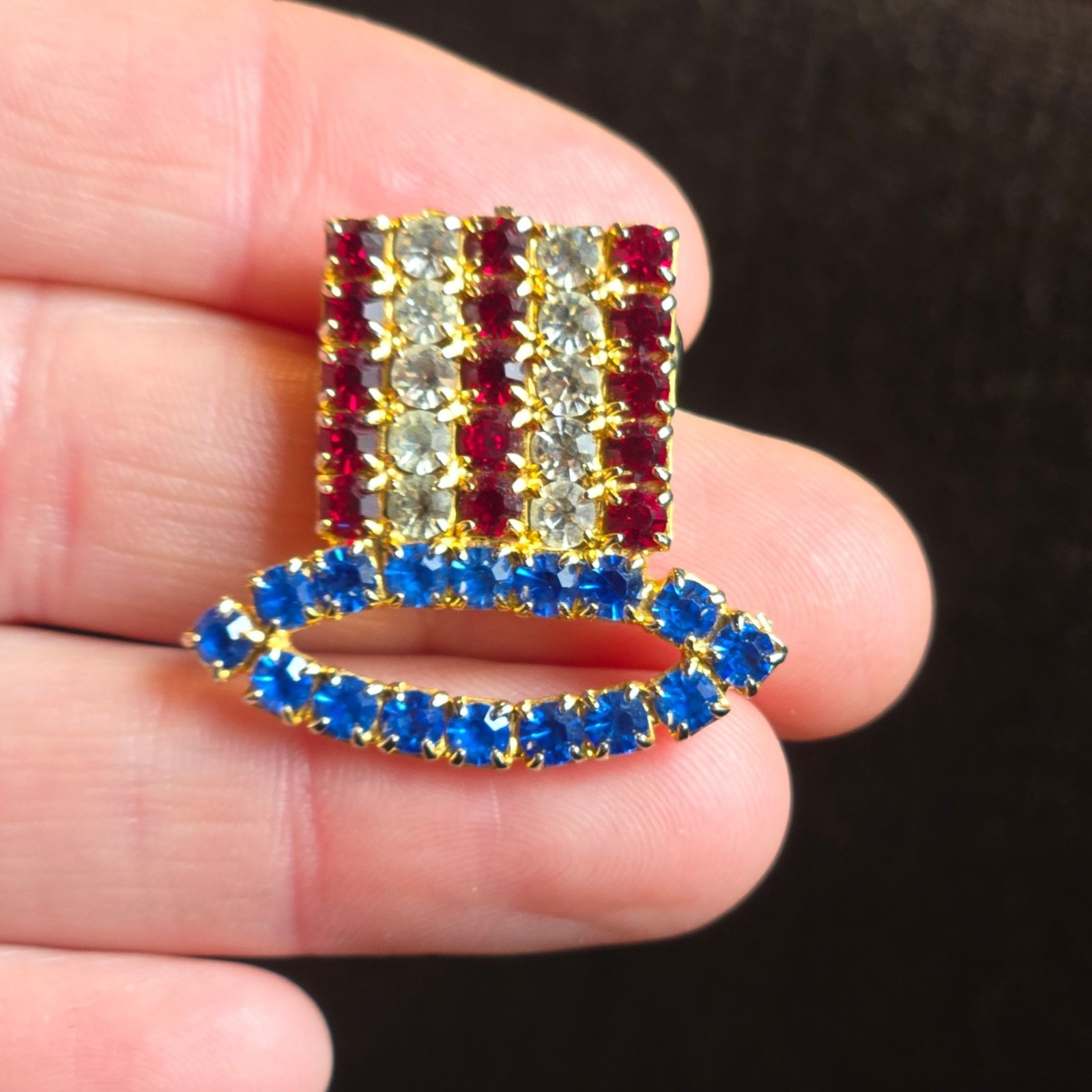 VTG Uncle Sam Hat Patriotic Brooch Red White Blue Glass Rhinestones Jewelry USA