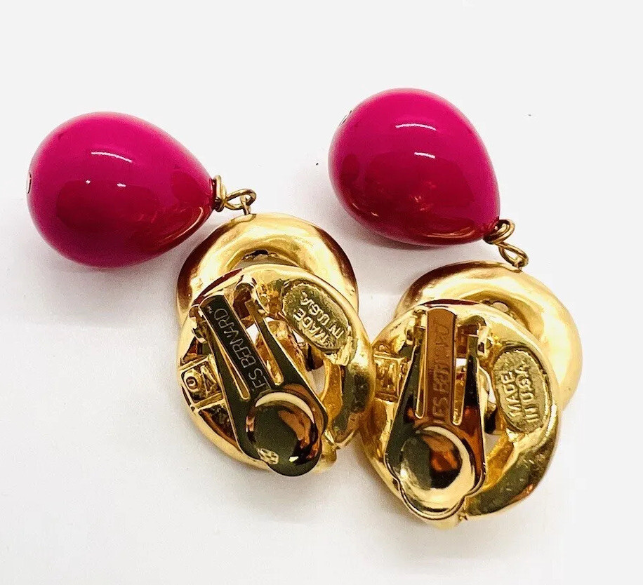 Large LES BERNARD Bright Pink Beaded Drop Dangle Earrings Signed Vintage Jewelry