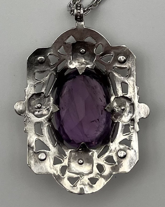 Vintage Sterling Silver Amethyst Art Nouveau Style Pendant On Super Seven Beads