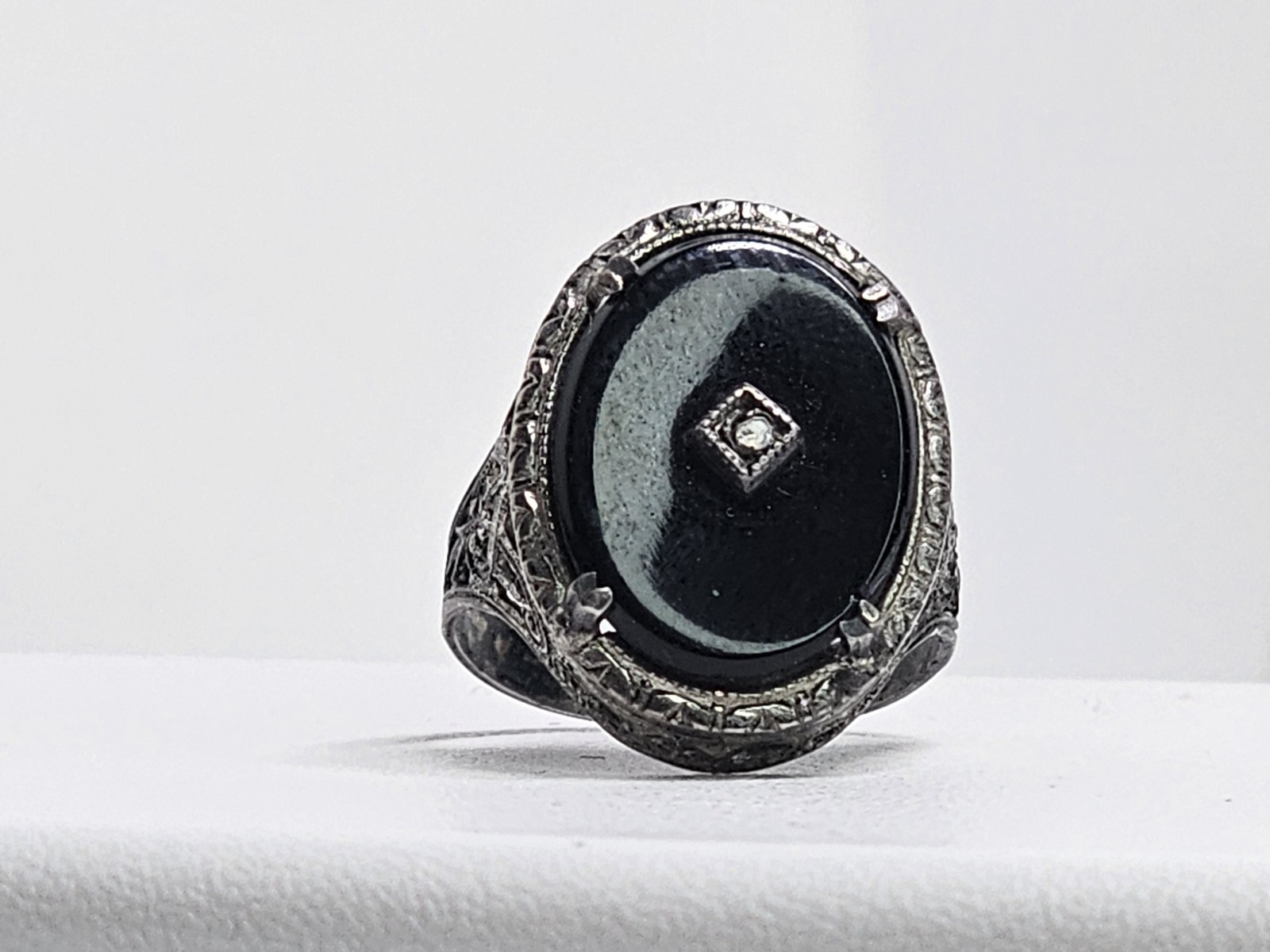 Antique Sterling Onyx & Rough Diamond Filigree Ring Sz 6 (Loose Stone/Onyx)