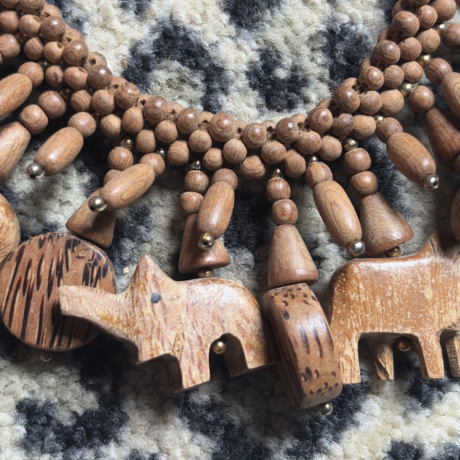 Vintage 1960s Barrel Clasp Hand Carved Wooden Animal Necklace Safari Figural