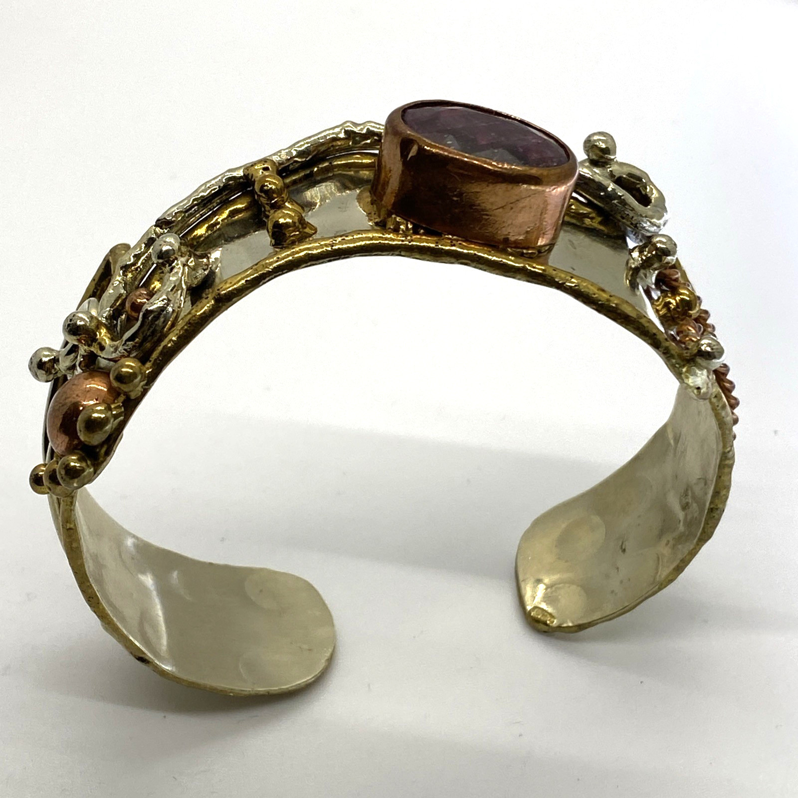 Lot 2 Artisan Brutalist 1″ Cuff Bracelets Silver-tone Brass Copper Natural Stone